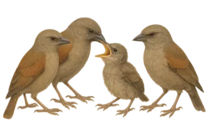 A realistic illustration of a group of three bird adults and one chick being fed by one of them, all being Baywings (Agelaioides badius)