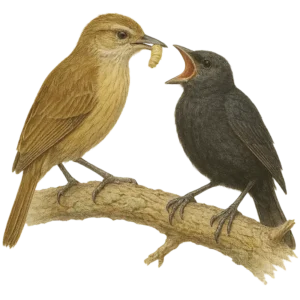A realistic illustration of an adult Firewood-gatherer (Anumbius annumbi) feeding a chick of Shiny Cowbird (Molothrus bonariensis)