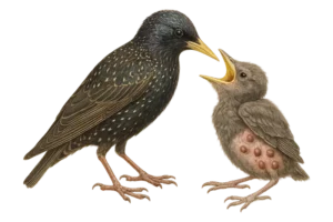 A realistic illustration of an adult feeding a chick, both European Starling (Sturnus vulgaris). The chick shows being parasited by six Philornis near his leg.