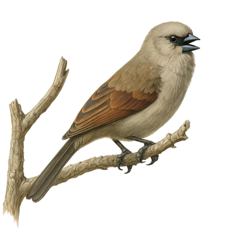 Realistic illustration of a Baywing bird sitting on a branch. The bird seems to be singing