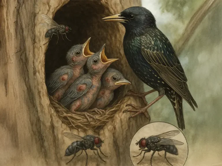 Realistic illustration of an adult Starling feeding his three chicks on the nest (hole in a tree). On the side there are Philornis flies, a parasitic species that lay their eggs on the skin of birds