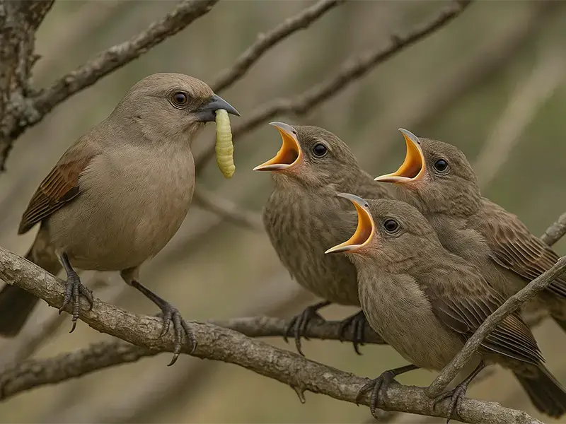 An Adult Baywing bird feeding insects to three chicks