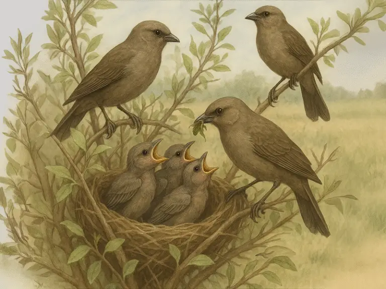 Illustration of a family of Baywings feeding chicks on the nest