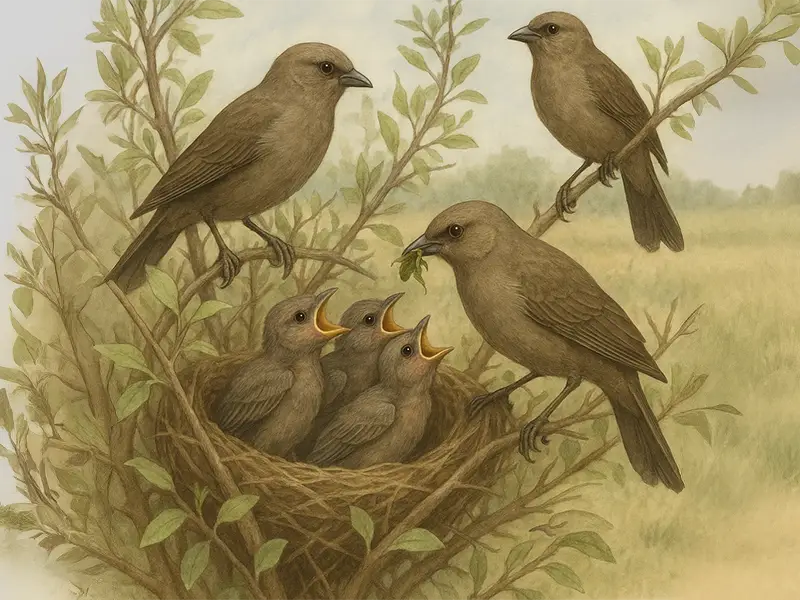 Illustration of a family of Baywings feeding chicks on the nest